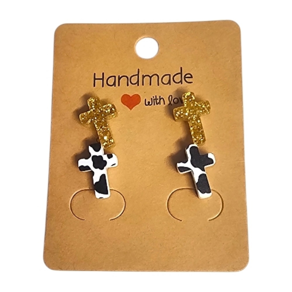 Golden Western Cross Acrylic Stud Earrings - 2 Pair